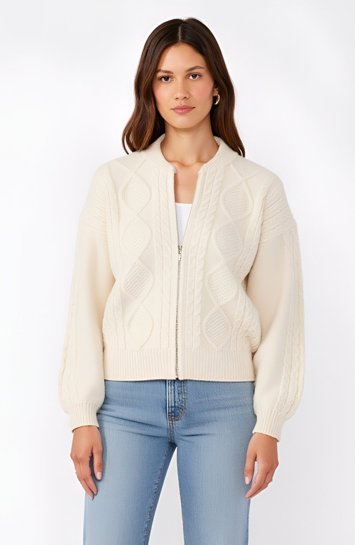 Modenaire Cable Knit Zip Front Cardigan With Diamond Pattern And Ribbed Trim Balloon Sleeves In White