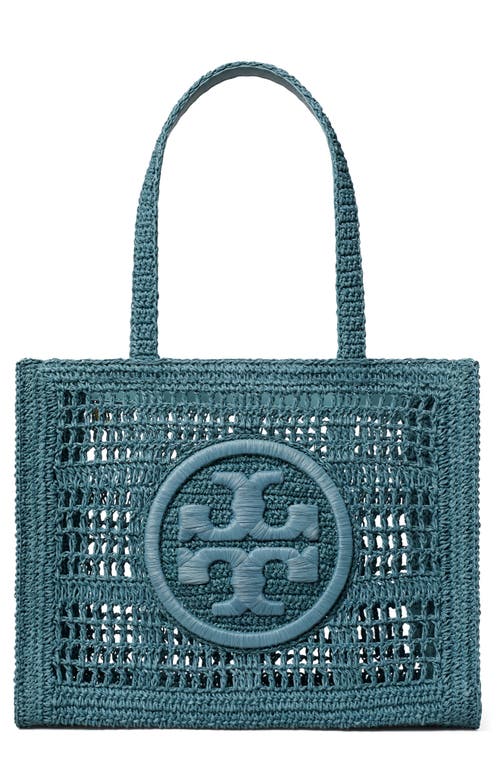 Tory Burch Ella Small Crochet Straw Tote Bag In Deep Slate