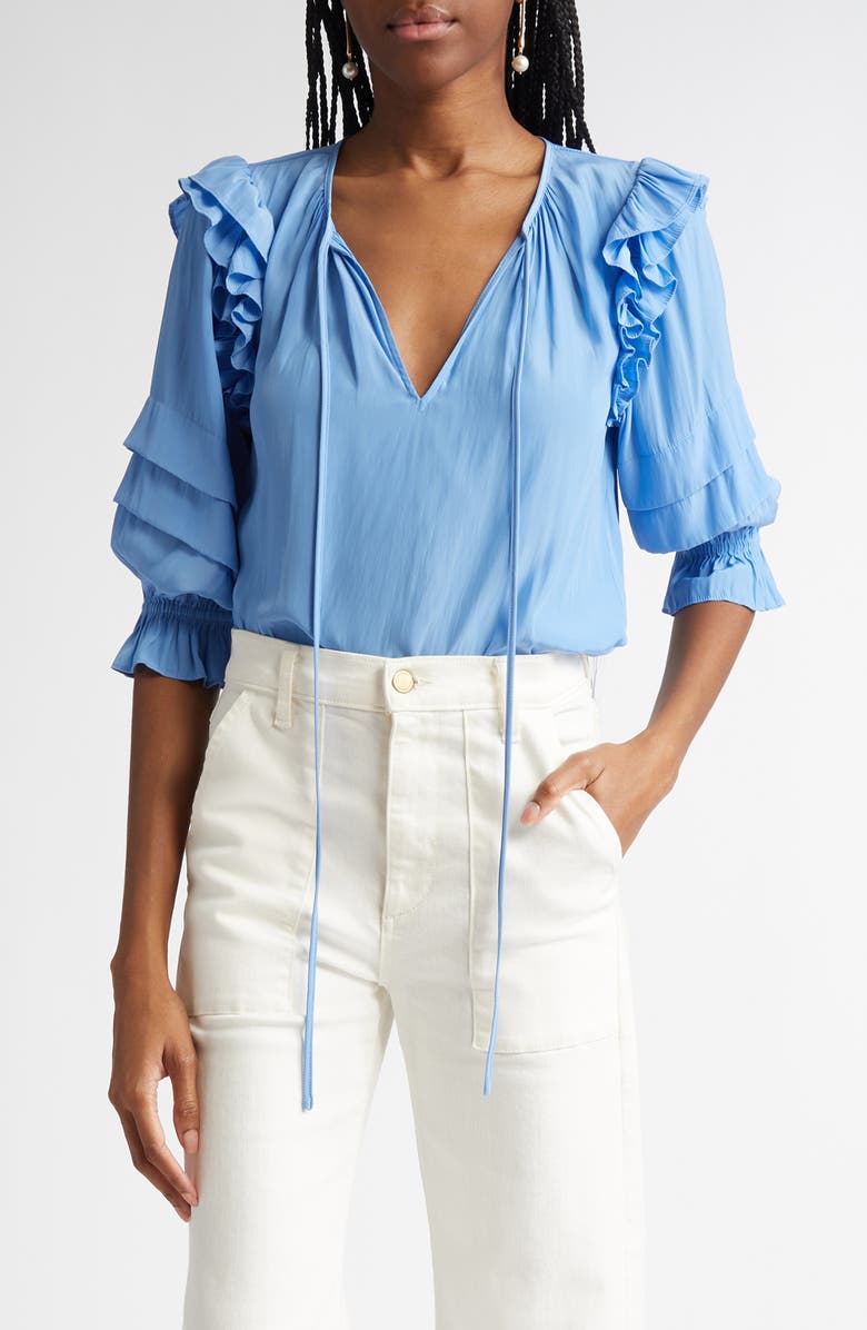 Ramy Brook Samira Ruffle Top, Main, color, Ribbon Blue