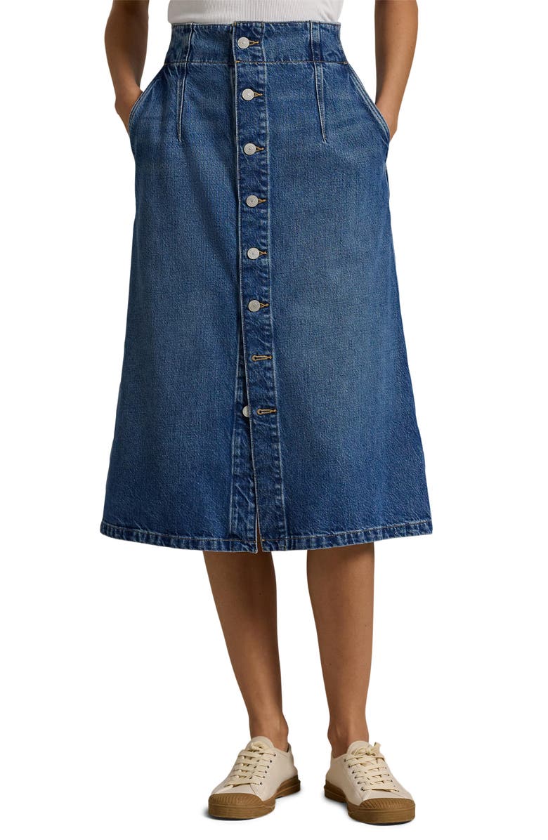 Polo Ralph Lauren Button Front A-Line Denim Midi Skirt, Main, color, 