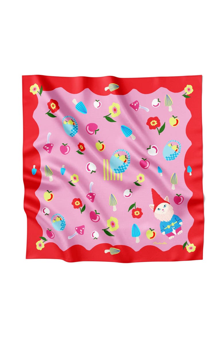 Cat Garden Gnome Silk Medium Square Scarf, Main, color, Pink