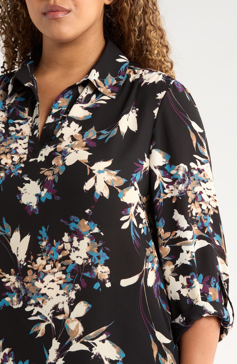AK ANNE KLEIN Floral Popover Crêpe de Chine Top, Alternate, color, Anne Black Multi