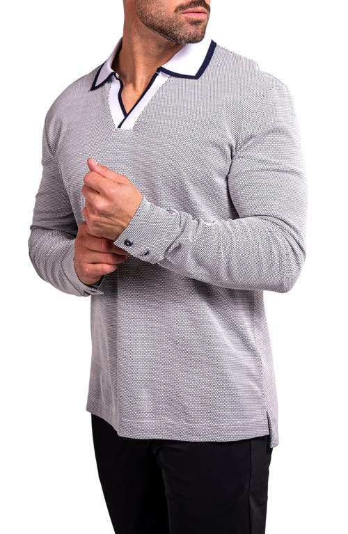 Maceoo Ascension0001 White Johnny Collar Long Sleeve Cotton Polo In Gray