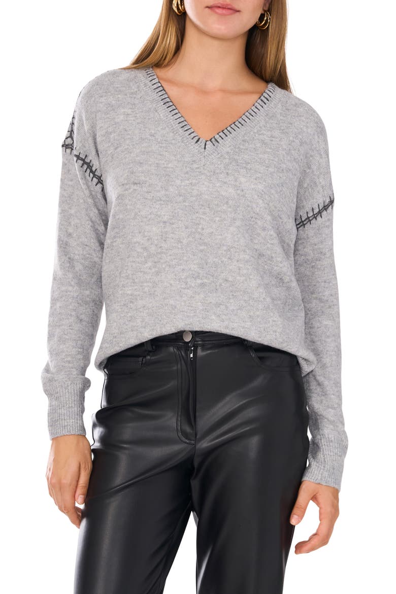 Whipstitch V-Neck Sweater, Main, color, LIGHT HEATHER GREY