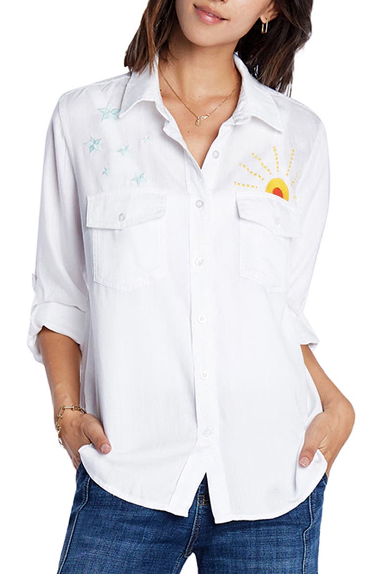 Hello Sunshine Embroidered Button-Up Shirt, Main, color, WHITE