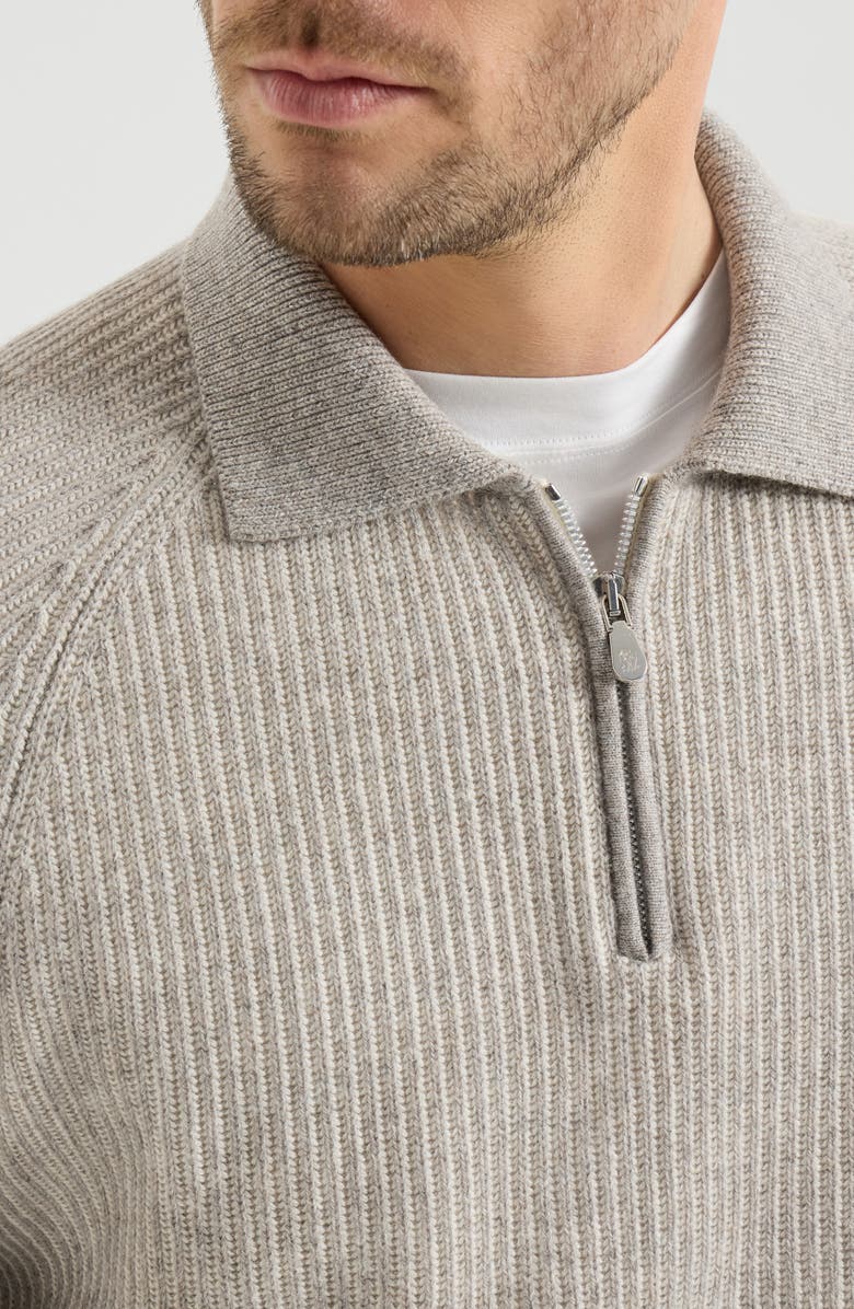 Brunello Cucinelli Cashmere vanisé English rib knit polo with half zip, Alternate, color, Grey