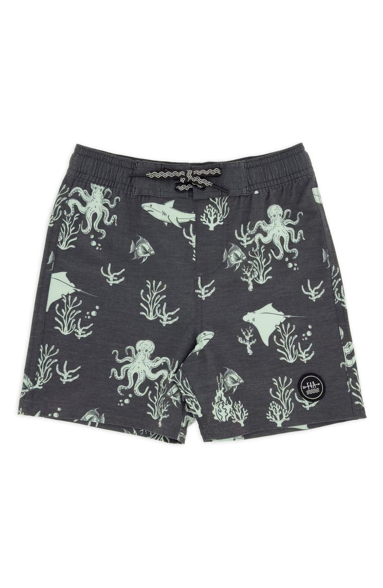 Feather 4 Arrow Kids' Classic Ocean Print Board Shorts, Main, color, Black Sand