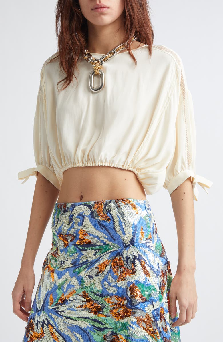Rabanne Crop Lace Trim Pintuck Top, Alternate, color, Ecru