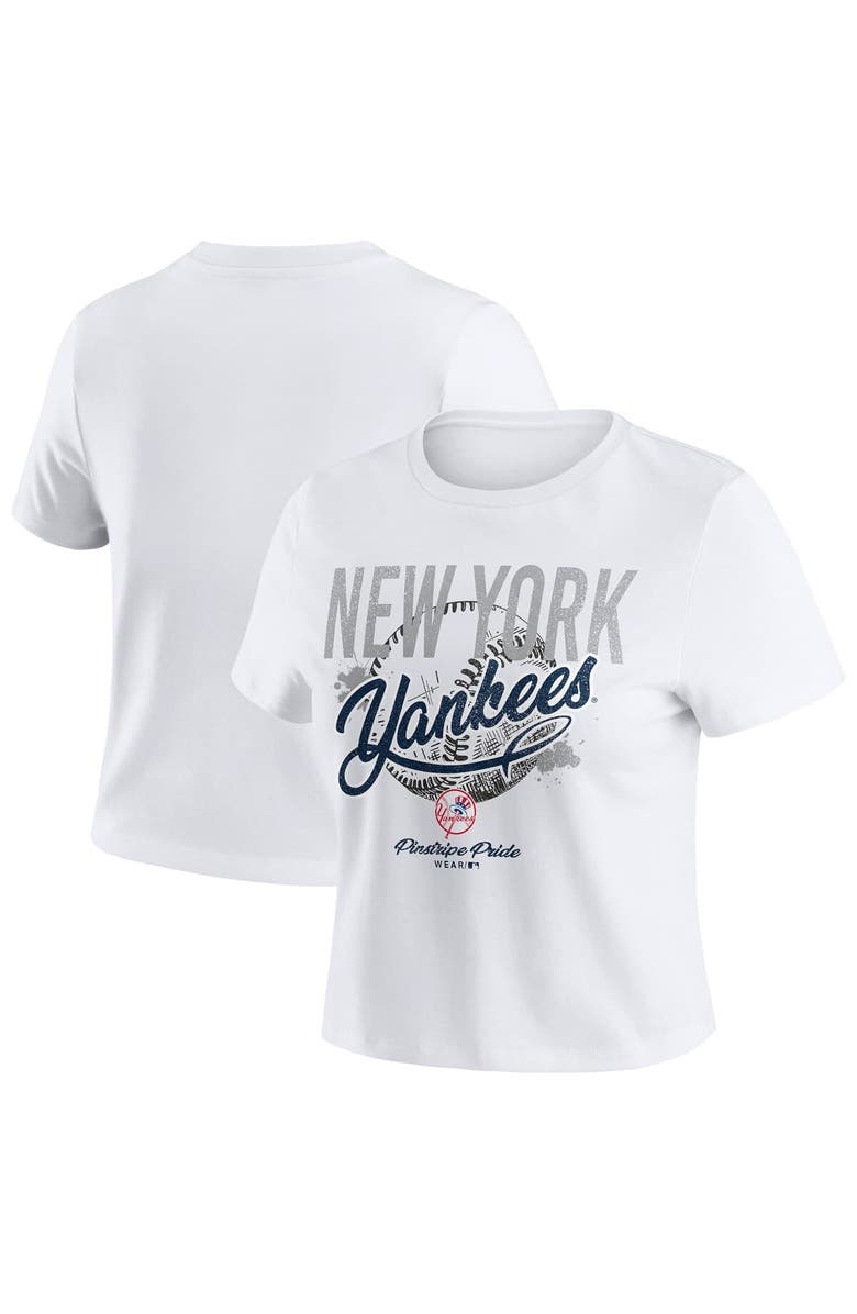 WEAR by Erin Andrews Women's WEAR by Erin Andrews White New York Yankees Distressed Cropped Baby T-Shirt, Main, color, White