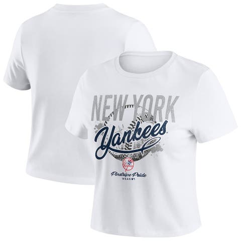 Women's WEAR by Erin Andrews  White New York Yankees Distressed Cropped Baby T-Shirt