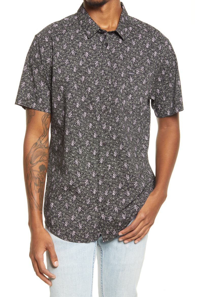 Monkberry Floral Print Short Sleeve Button-Up Shirt, Main, color, BLACK