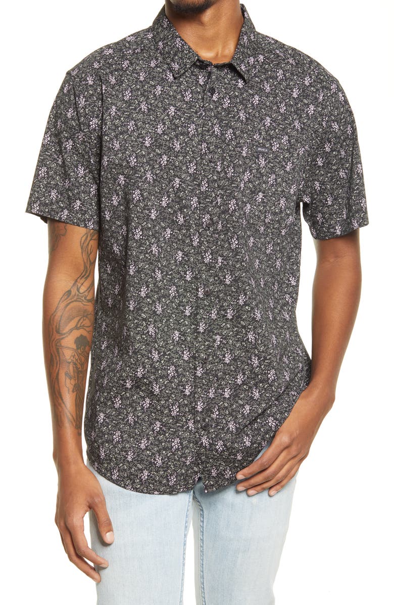 RVCA Monkberry Floral Print Short Sleeve Button-Up Shirt, Main, color,