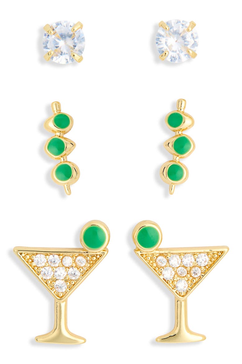 Set of 3 Cubic Zirconia Martini Stud Earrings, Alternate, color, CLEAR- GREEN- GOLD