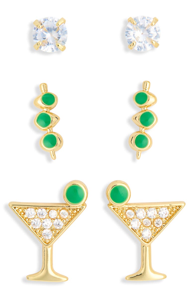 Leith Set of 3 Cubic Zirconia Martini Stud Earrings, Alternate, color, Clear- Green- Gold