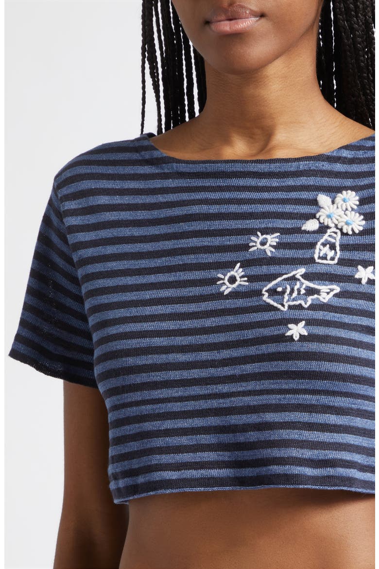 Daisy Stripe Crop Short Sleeve Linen Sweater, Alternate, color, DENIM