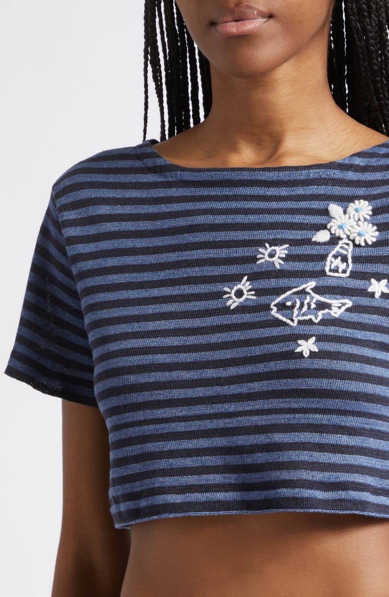 YanYan Daisy Stripe Crop Short Sleeve Linen Sweater, Alternate, color, Denim