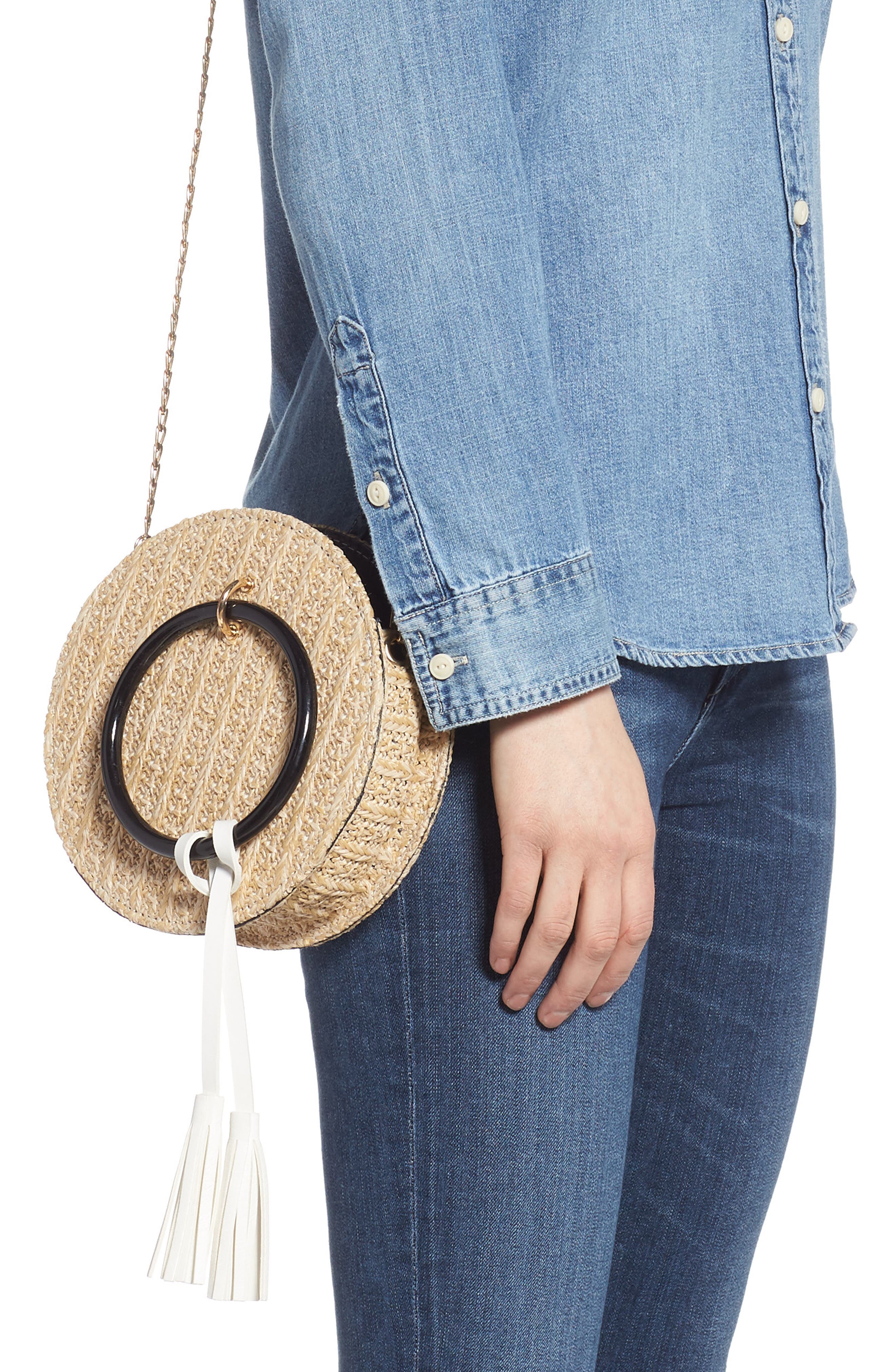 Round Straw Crossbody Bag, Alternate, color, NATURAL/ BLACK