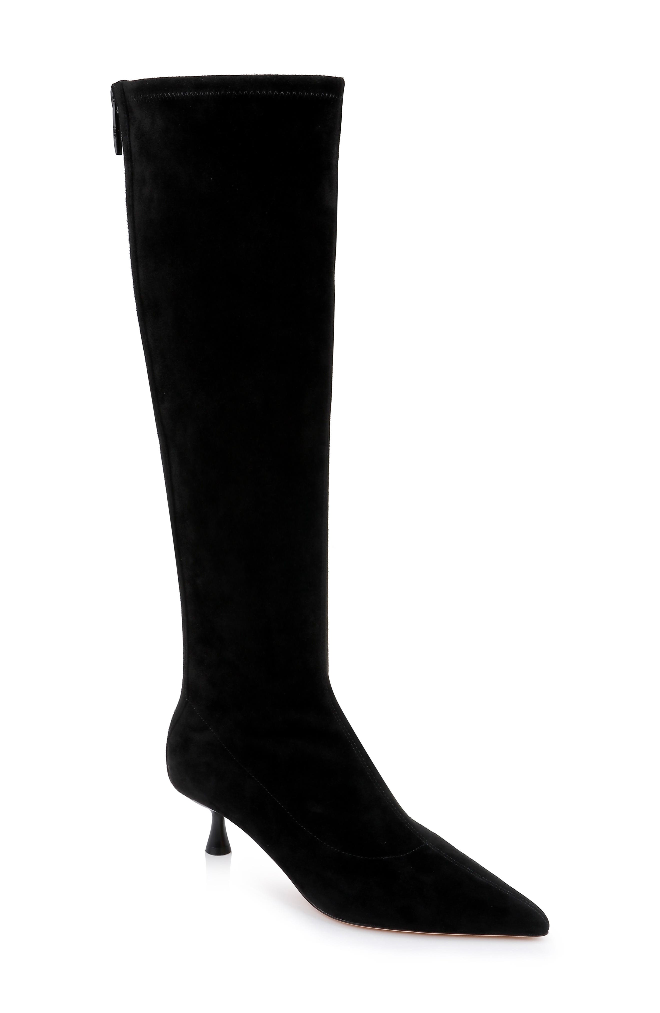 L'AGENCE Emilie Pointed Toe Kitten Heel Knee High Boot, Main, color, Black Suede