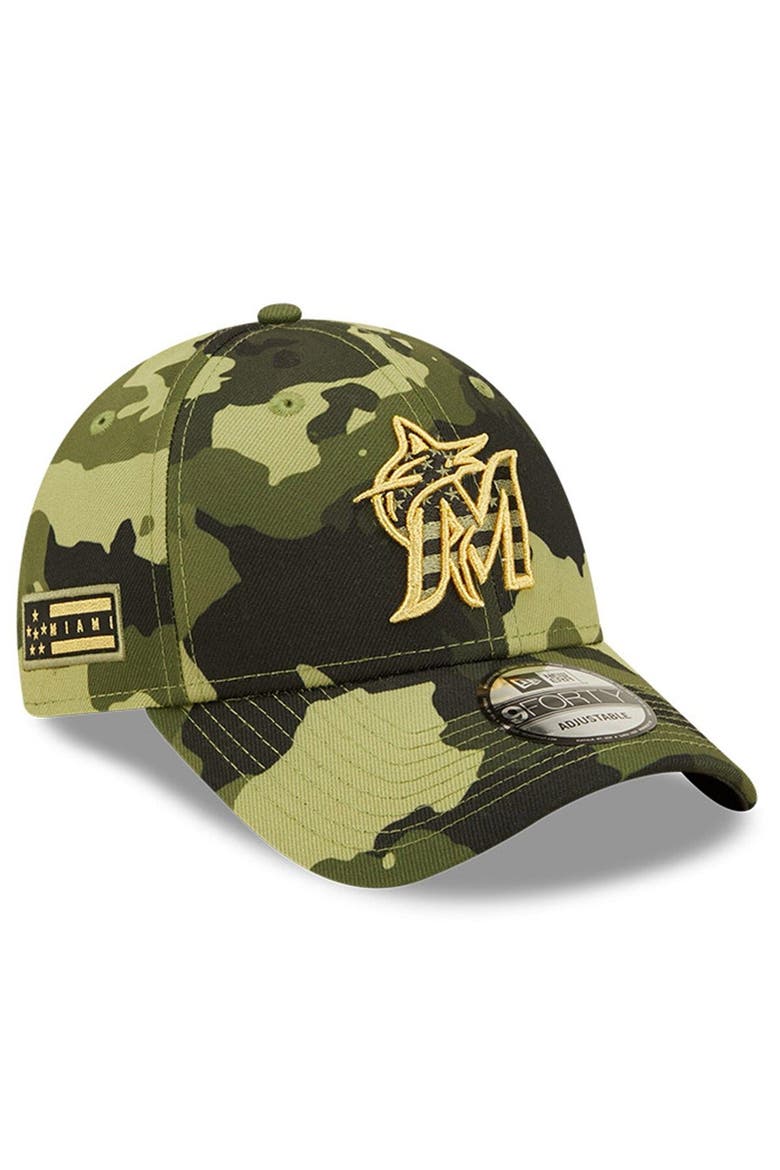 Men's New Era Camo Miami Marlins 2022 Armed Forces Day 9FORTY Snapback Adjustable Hat, Main, color, Camo