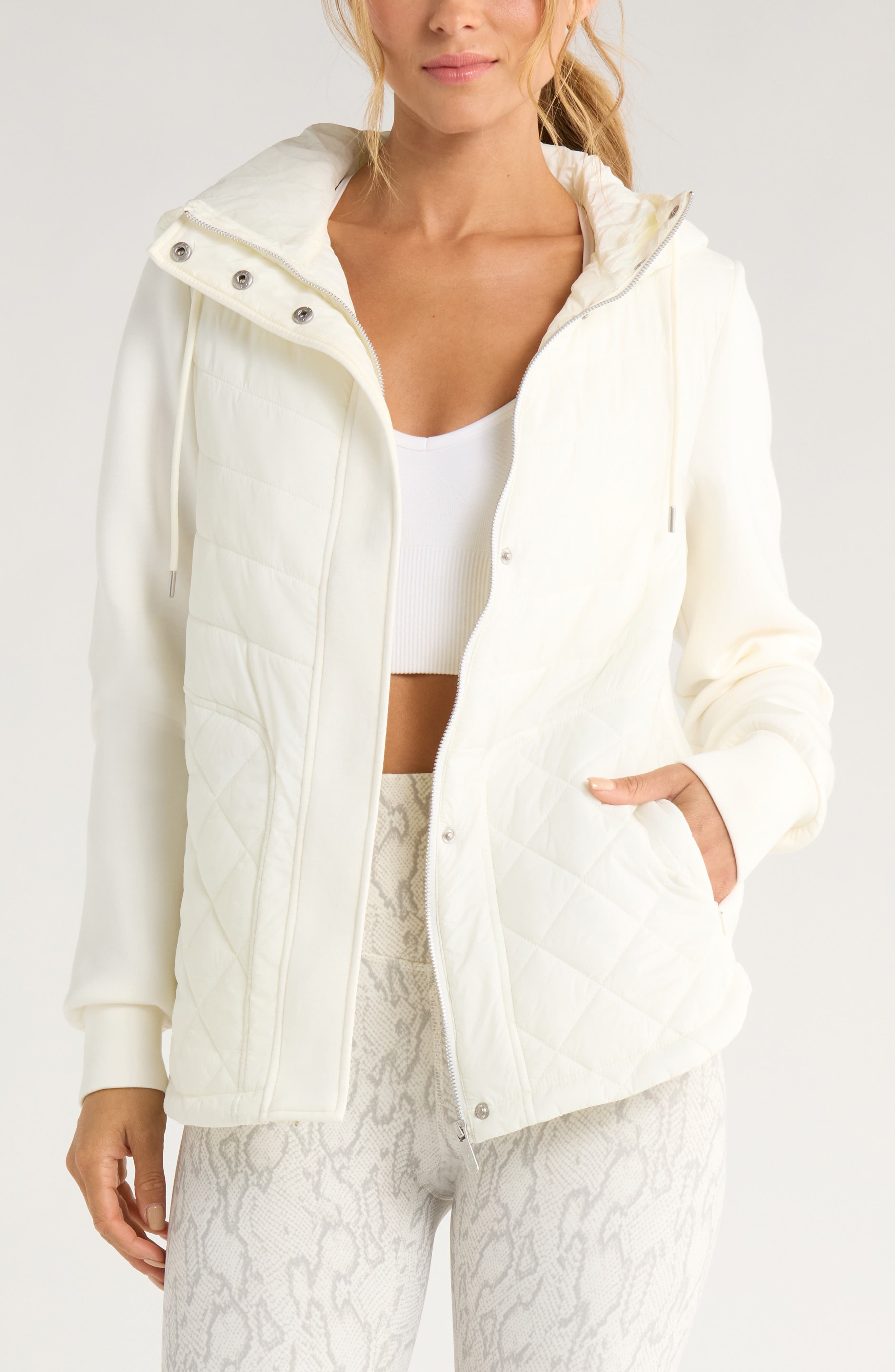Zella Hybrid Quilted Knit Hooded Jacket