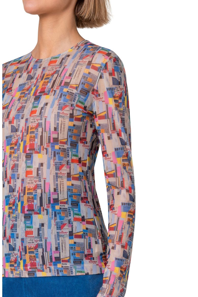 NYC Paper Collage Print Stretch Tulle Top, Alternate, color, MULTICOLOR