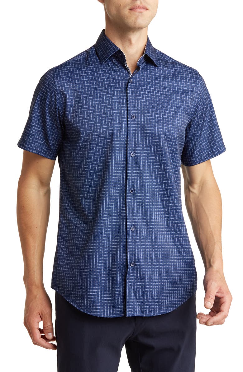 TOM BAINE Slim Fit Performance Short Sleeve Button-Up Shirt, Main, color, Navy