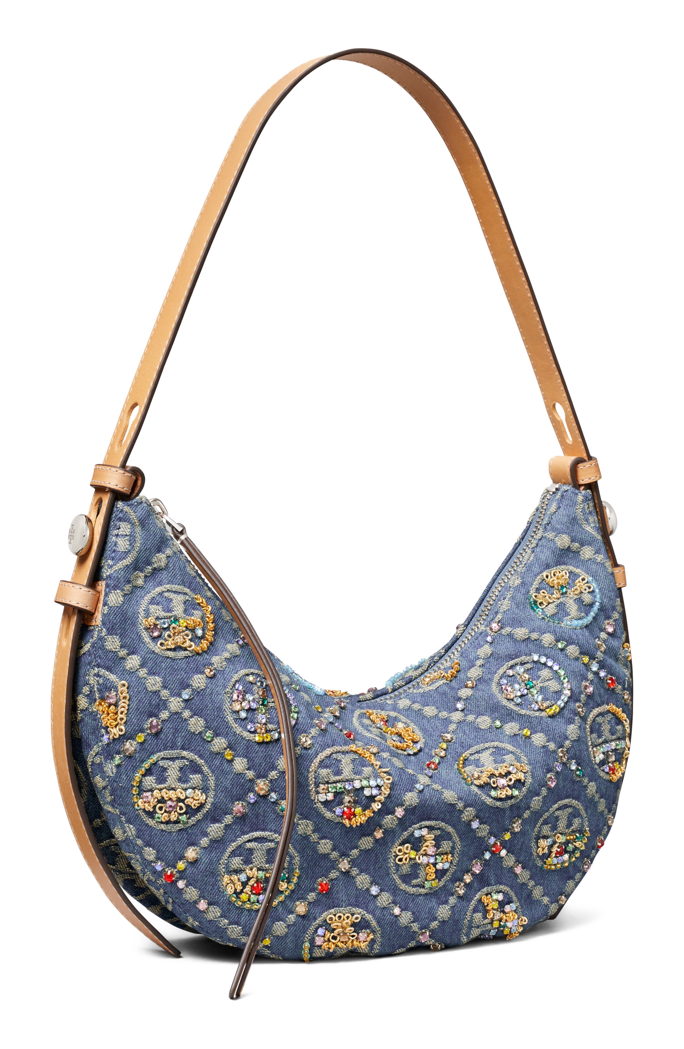 Romy T Monogram Embellished Denim Half Moon Bag, Alternate, color, BOAT HOUSE