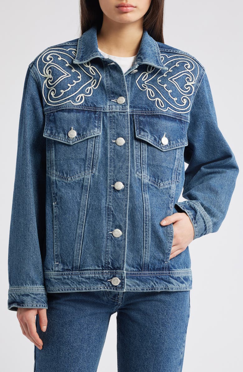 FARM Rio Cornely Embroidered Denim Jacket, Alternate, color, Denim