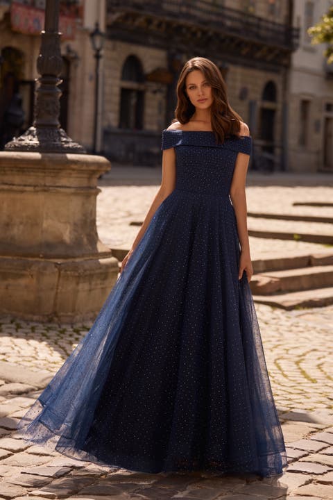 Tulle Off the Shoulder A-line Dress with Rhinestones