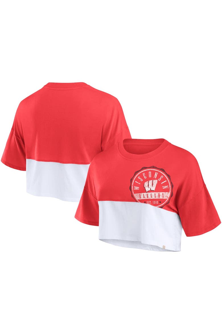 Women's Fanatics Red/White Wisconsin Badgers Oversized Badge Colorblock Cropped T-Shirt, Main, color, Red