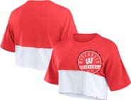 FANATICS Women's Fanatics Red/White Wisconsin Badgers Oversized Badge Colorblock Cropped T-Shirt