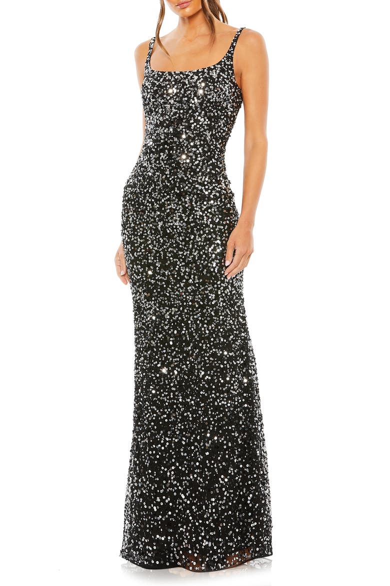 Sequined Low Back Slip Gown, Main, color, BLACK
