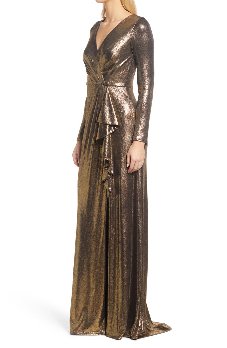 Tadashi Shoji Long Sleeve Metallic Gown, Alternate, color, 