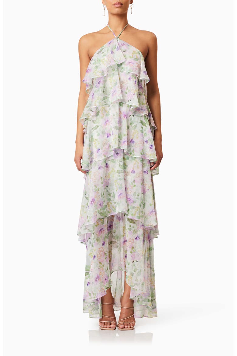 Mirabelle Floral Tiered Georgette Halter Dress, Main, color, WHITE FLORAL