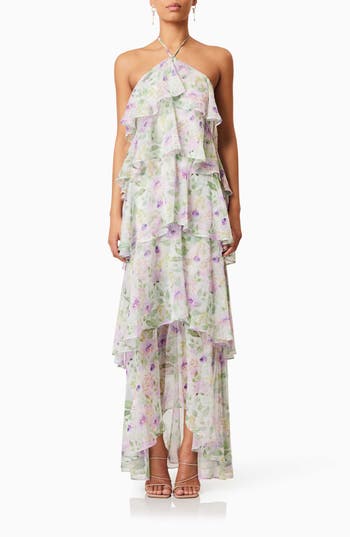 Elliatt Mirabelle Floral Tiered Georgette Halter Dress In White
