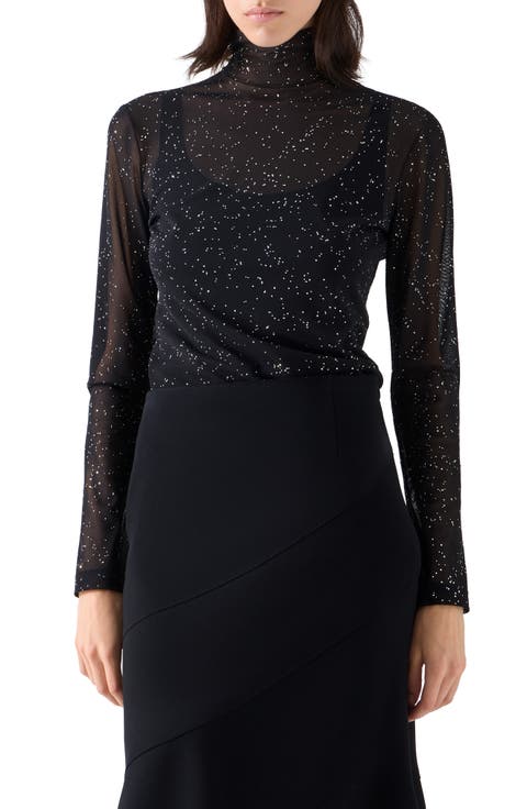 Metallic Starry Sky Tulle Mock Neck Top