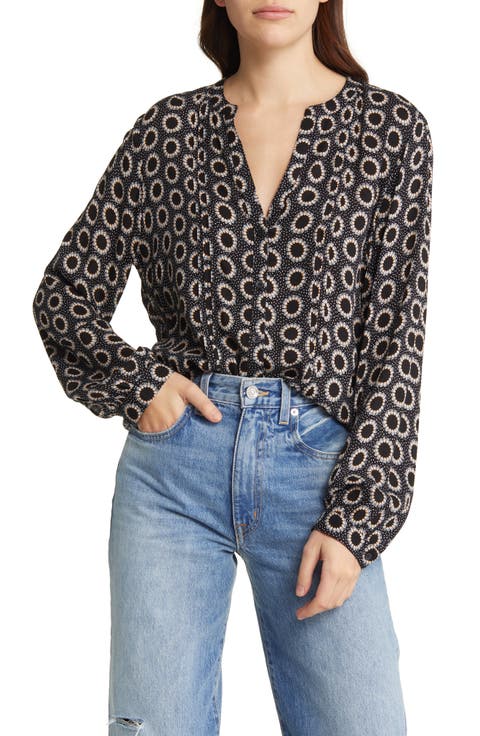 Pleated Long Sleeve Peasant Blouse (Regular & Plus)