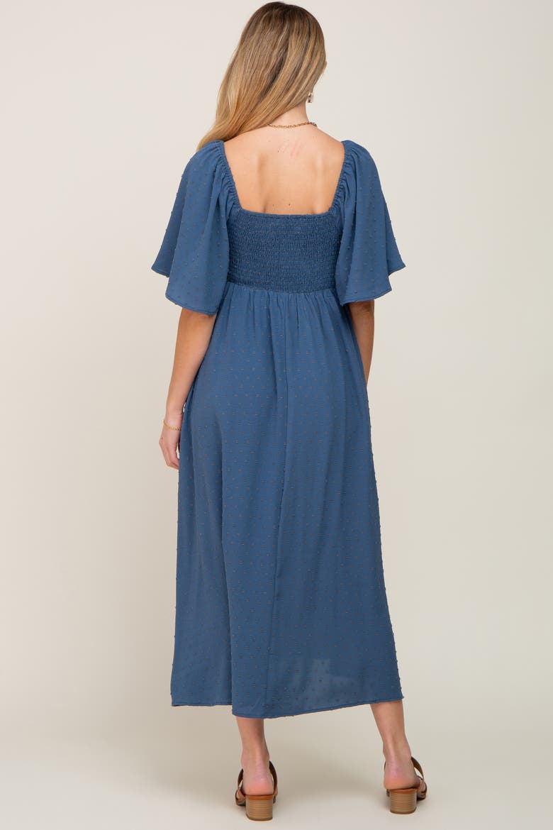 Textured Dot Front Tie Ruffle Sleeve Midi Dress, Alternate, color, Navy Blue