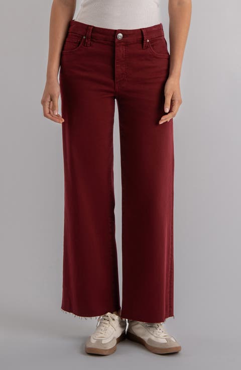 KUT from the Kloth Meg Fab Ab Raw Hem High Waist Ankle Wide Leg Jeans (Maroon) (Petite)
