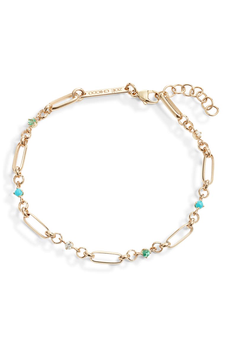 14K Gold Alternating Mixed Stone & Diamond Medium Paperclip Rolo Chain Bracelet, Main, color, YELLOW GOLD