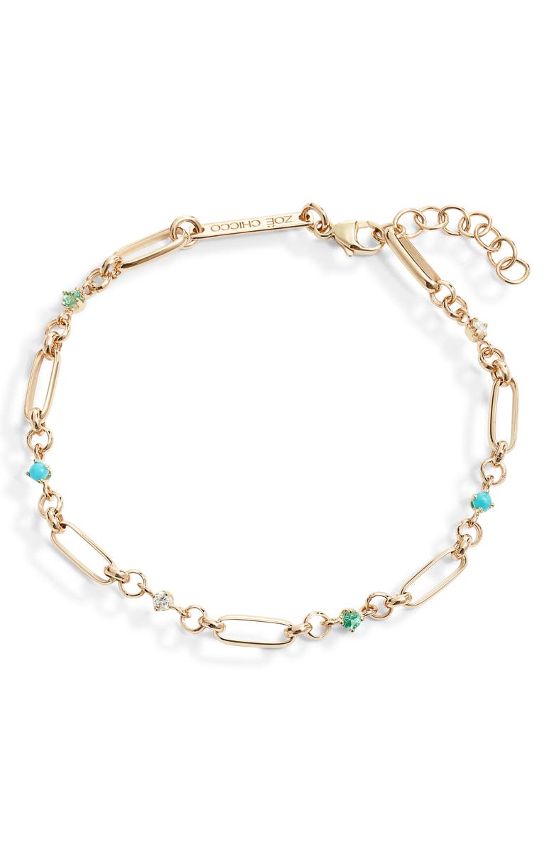 Zoë Chicco 14K Gold Alternating Mixed Stone & Diamond Medium Paperclip Rolo Chain Bracelet, Main, color, Yellow Gold
