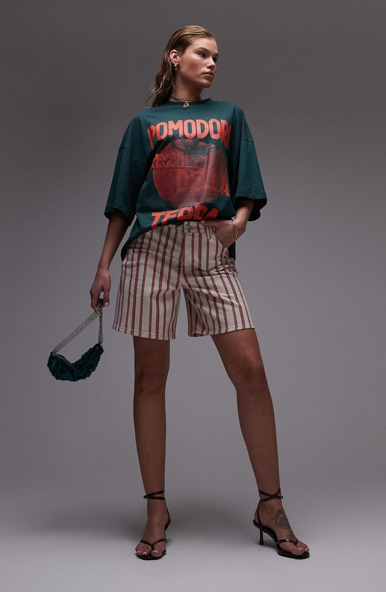 Topshop Stripe Mid Thigh Denim Shorts, Alternate, color, Dark Red