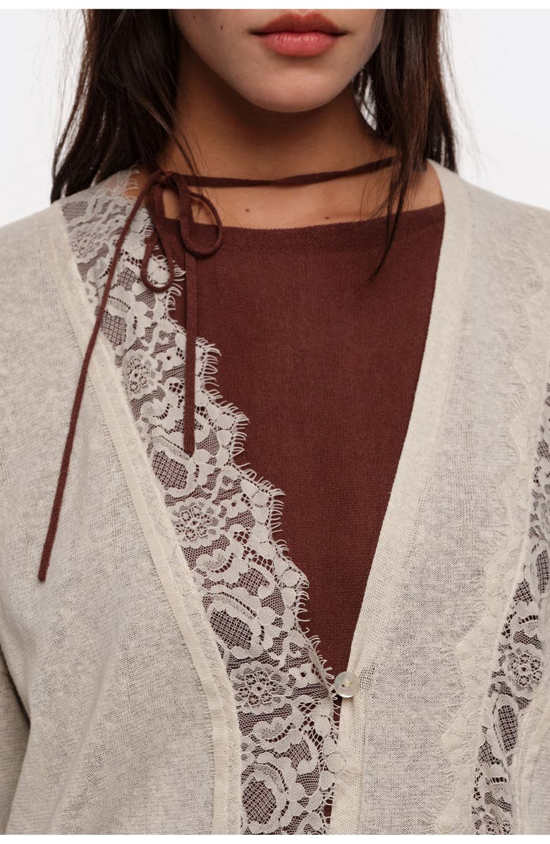 Bimba y Lola Long Cotton and Linen Cardigan With Lace Trim, Alternate, color, Sand