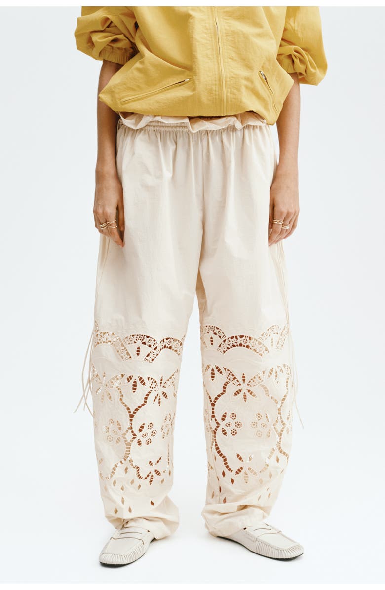 H&M Broderie Anglaise Drawstring Trousers, Alternate, color, Light Beige