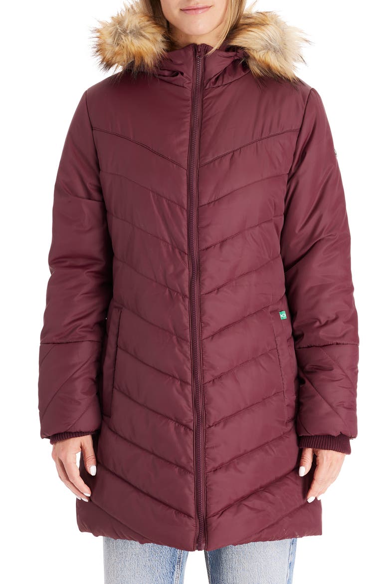 Faux Fur Trim Convertible Puffer 3-in-1 Maternity Jacket, Main, color, BURGUNDY
