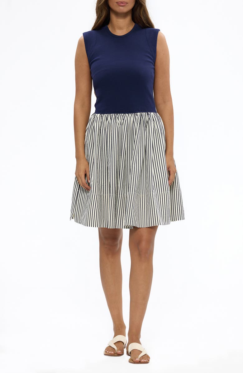 Brave+True Daphne Mixed Media Drop Waist Dress, Main, color, Off White / Navy Stripe
