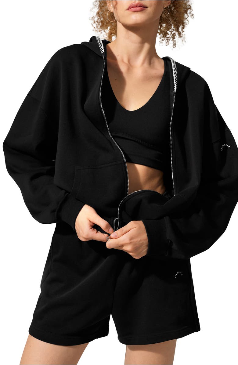 Lilysilk SILKERRY Oversized Seamflow Verge Full-Length Front Zip Hoodie, Main, color, Black