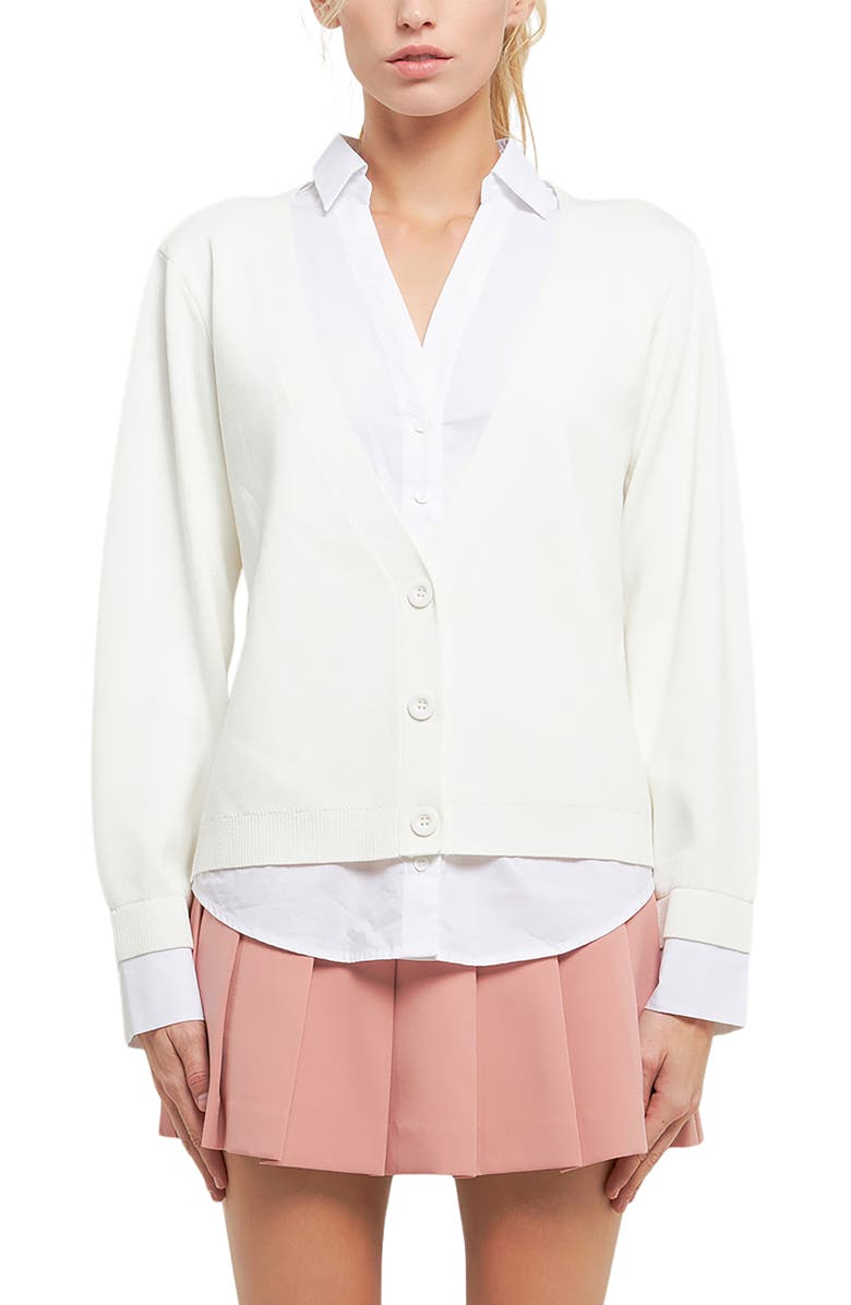 English Factory Mixed Media Layered Cardigan, Main, color, Cream/ White