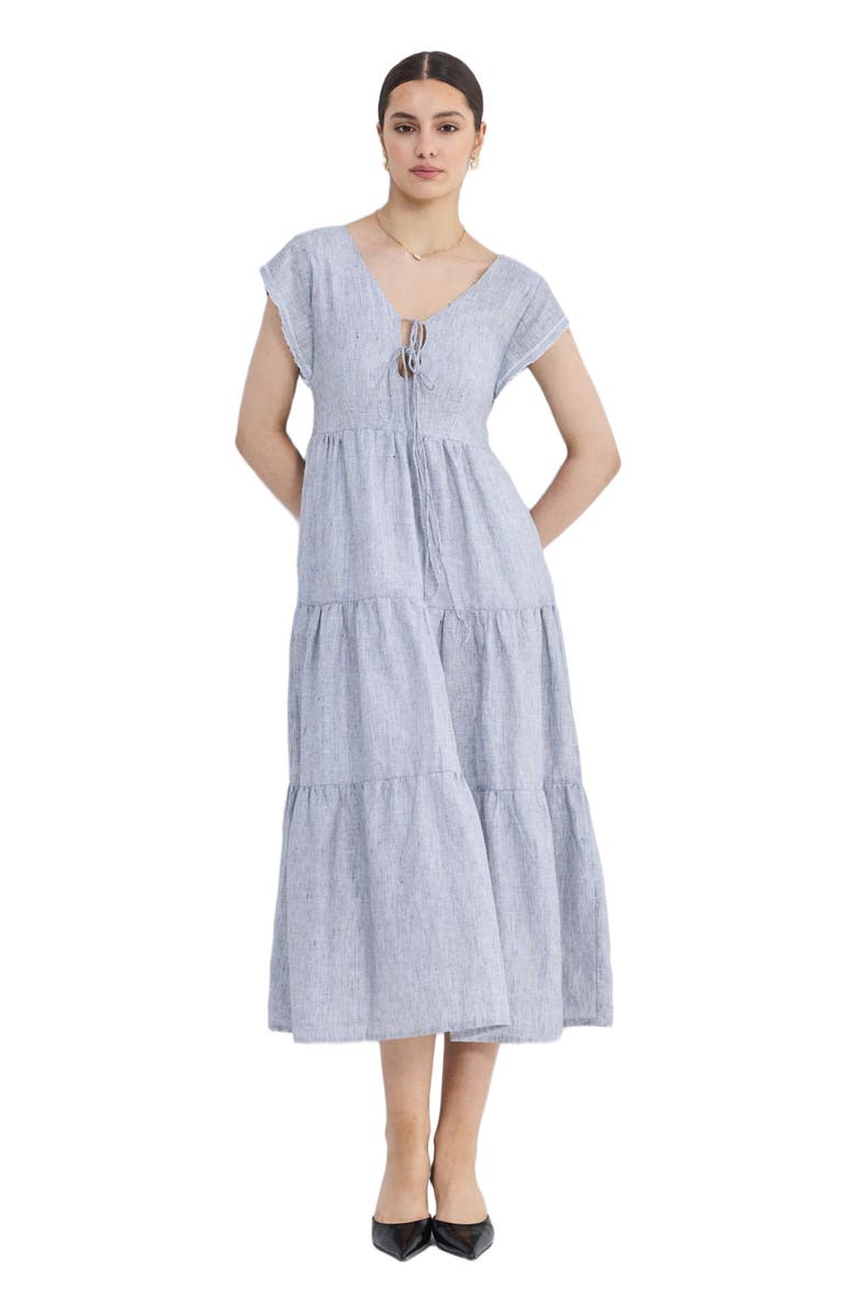 Reistor Gathered Tiered Dress with Front-ties - Linen stripes, Alternate, color, Pin Striped Linen