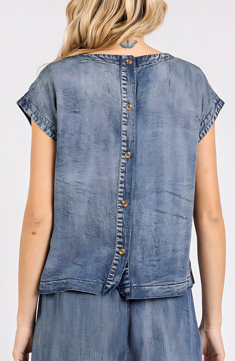 Knit and Lounge Washed Cap Sleeve Top with Back Button Detail, Alternate, color, Washed Blue